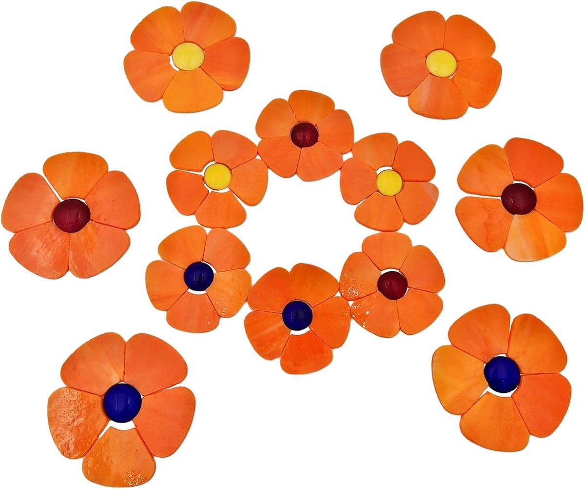 Mozaïektegels set - 12 bloemen met bloemblaadjes en platte kralen voor DIY knutselen, woondecoratie en tuinkunst (Oranje)