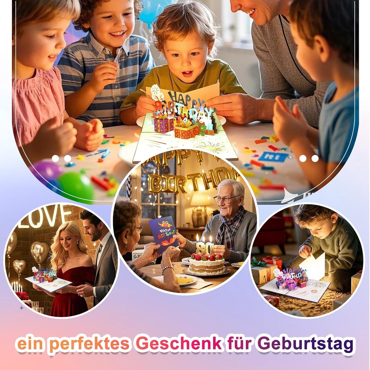 Verjaardagskaart voor vrouw, verjaardagskaart met muziek en licht, verjaardagskaarten, pop-up kaart, verjaardagskaart, Happy Birthday, cadeau, kleurrijk