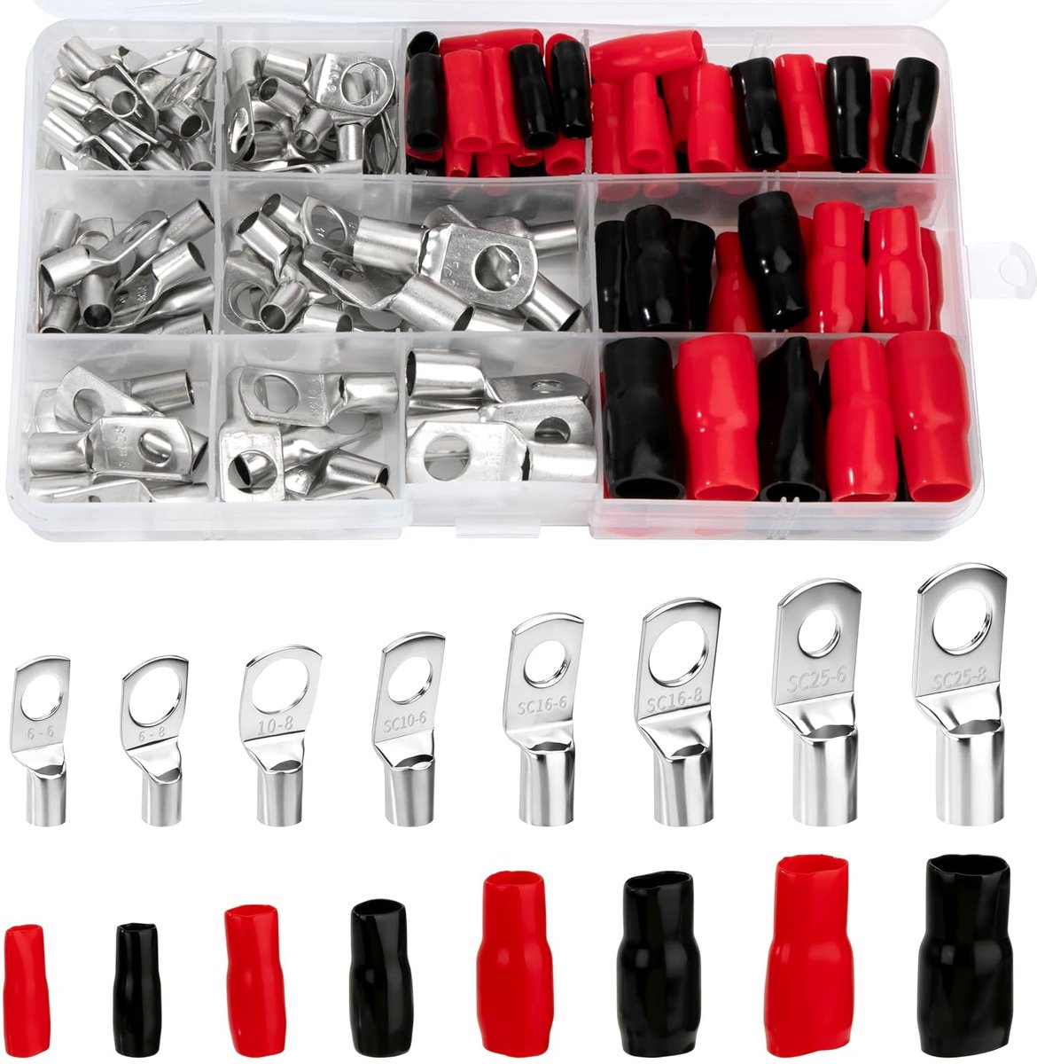 set, kabelschoenen, vertind koper, boutgat, vertin, SC ring, terminalset, krimpkous, ringklemmen, 8 types, 120 stuks