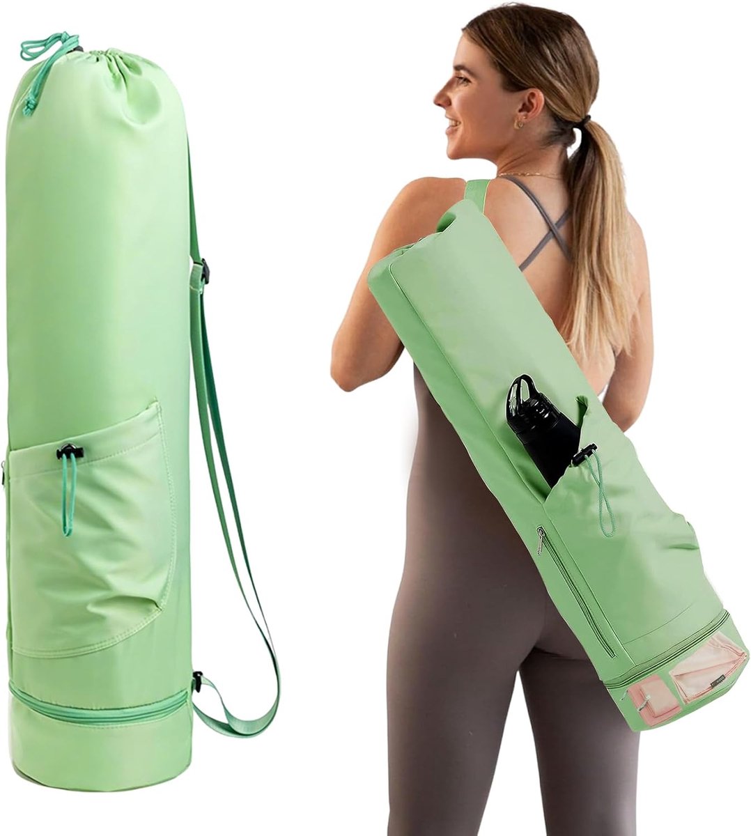 Yogatas met vak voor nat en flessenvak, sporttas voor dames, verstelbare schouderriem, yogamattas, doorlopende ritssluiting, gym-yogatas voor sportschool, klas, strand, reizen