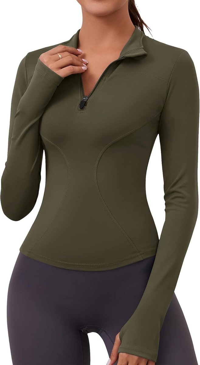 T-shirt voor dames, lange mouwen, sportshirt, gymtop, hardloopshirt, licht, fitnessbovendeel, 1/4-ritssluiting, duimgat