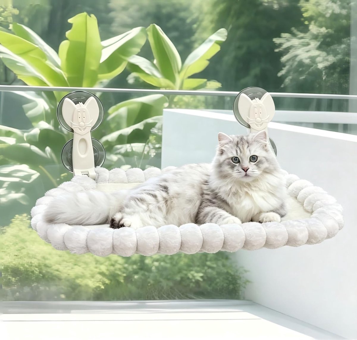 Hangmat voor katten, ramen, opvouwbaar en afneembaar, luxe konijn, knuffeldier, belastbaar tot 20 kg, 53 x 37 cm, omkeerbaar kussen voor zonnebaden en rust, metalen frame, wit