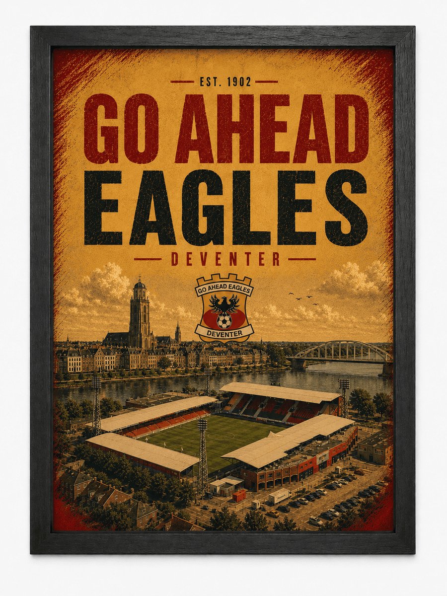Go Ahead Eagles Poster | Deventer skyline | De Adelaarshorst | Retro Voetbal Wanddecoratie | Inclusief Zwarte A4 Lijst