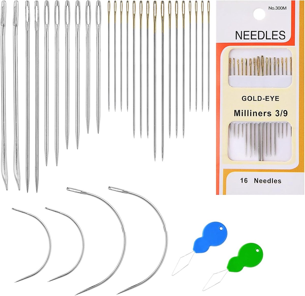 simarro Set van 32 handnaainaalden voor leer, canvas, bekleding - koolstofstaal - puntige punten - zilver - naaldinrijger inbegrepen