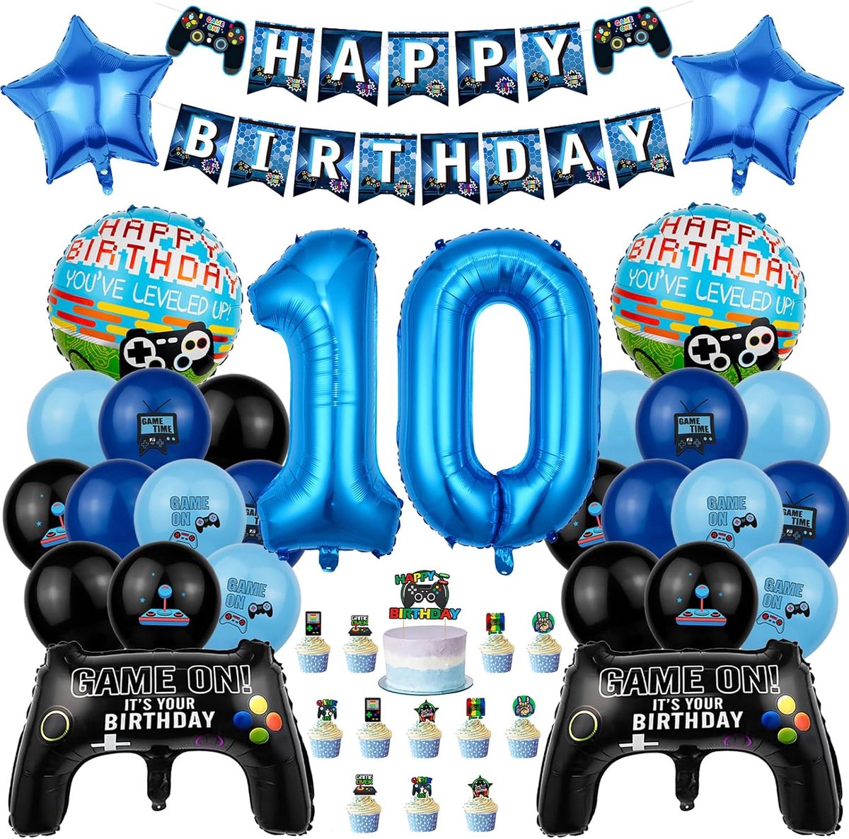 Ballon 10e Verjaardag Blauw, 10 Jaar Kinderverjaardag met Videogame Taartdecoratie, Ballon Jongen Verjaardag Decoratie, Thema Verjaardag Party Decoratie