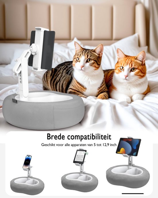 Tabletstandaard met kussen, 360° verstelbare tablet-kussenhouder, compatibel met 5-12,9 inch mobiele telefoon/Kindle, iPad, iPhone, Google, telefoonhouder om in bed te lezen, met bekerhouder, grijs — afbeelding 3
