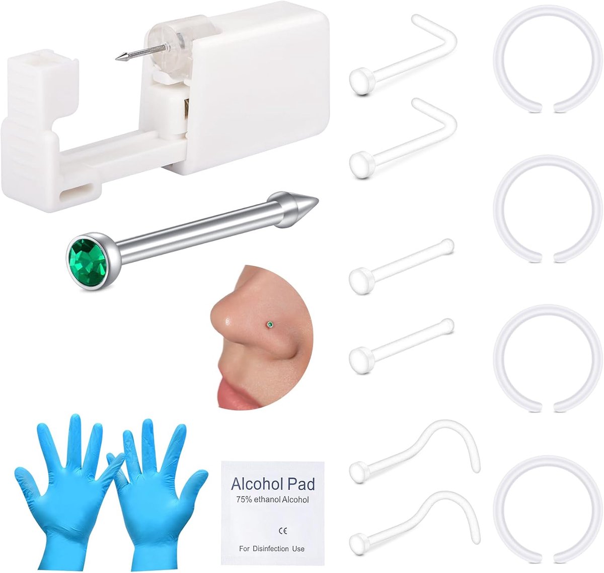 Neuspiercingset, piercingpistool, ingebouwde verscheidenheid aan neusstekers, pijnloze zelfpiercingset met 20G doorzichtige neuspiercingpistool, wegwerppiercingpistool voor thuis neuspiercing