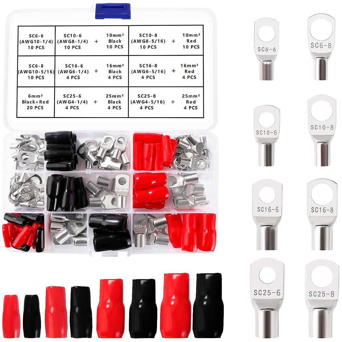 112 Stuks M6/M8 Ringklemmen Set, Buisvormige Batterijkabeluiteinden, Batterij Kabel Eind Terminals, met Isolatie Mouwen, voor Elektrische Kabel, Zilver