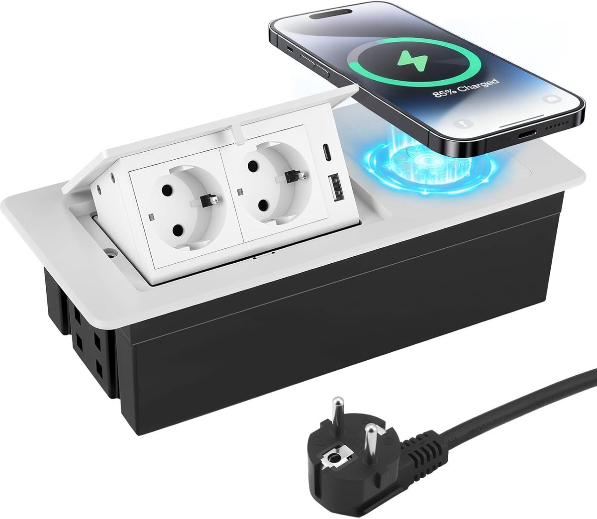 stopcontact met PD20W USB C USB A, 2-voudig inbouwstopcontact, tafelstopcontact met 15 W draadloos opladen, inbouwstekkerdoos voor werkblad, banktafel, thuis, kantoor, 1,8 m kabel (wit)