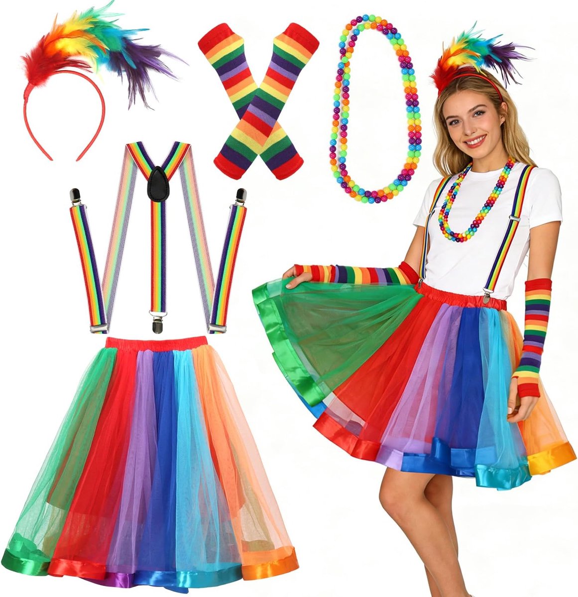 Regenboog tule rokken voor dames, regenboogkostuum, 5-delig kostuum jaren 80 met haarband, bandjes, halsketting, handschoenen zonder vingers, voor carnaval, Halloween