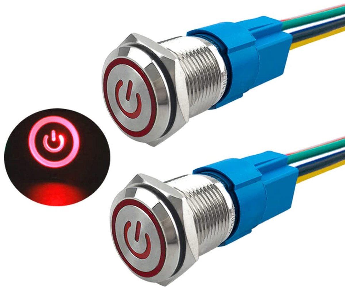 2 stuks 16 mm vastzittende drukschakelaar, 12V / 24V 5A auto-ontsteking start-stop schakelaar, IP67 waterdichte roestvrijstalen drukschakelaar, met voorbedraad stopcontact (Rode LED)