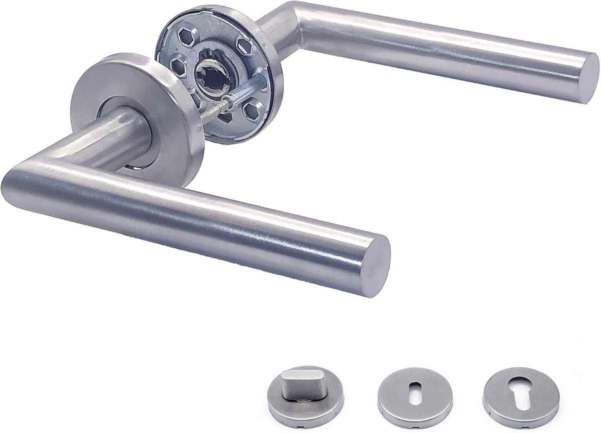 Deurgrepen Deurklinkset Kamerdeuren INOX Deurklink voor voordeur en binnendeuren Deurmontage Ronde Rozet Set RVS Matt Handvat Set WC | PZ | BB Model H-0204, Zilver