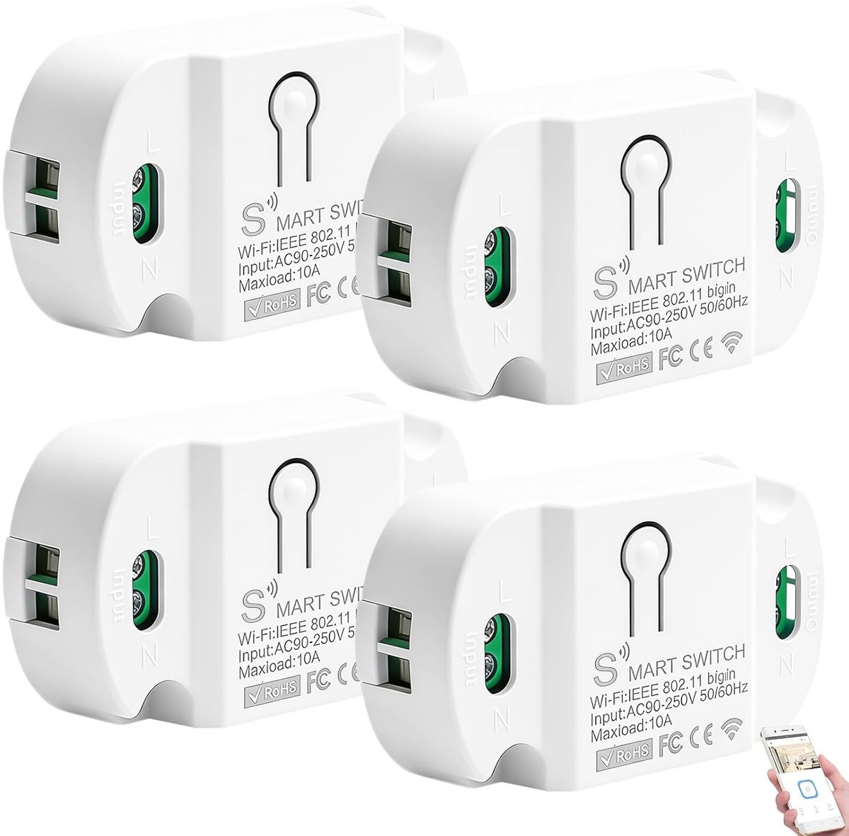 Set van 4 Slimme Schakelmodules, 10A, Wi-Fi Bediening, Mini Draadloze Smart Home Schakelaar met Stemcontrole en Timer Functie