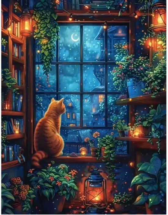 Un chat roux regarde par une fenêtre par une nuit enneigée, avec des étagères et des plantes décorées de lanternes.