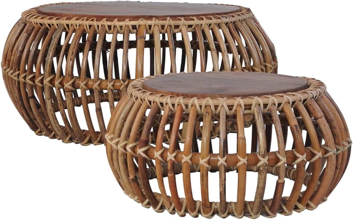 Salontafels Set - Bijzettafels - Woonkamer Decoratie - Natuurlijk Rotan Materiaal - 2 Stuks - Bruin
