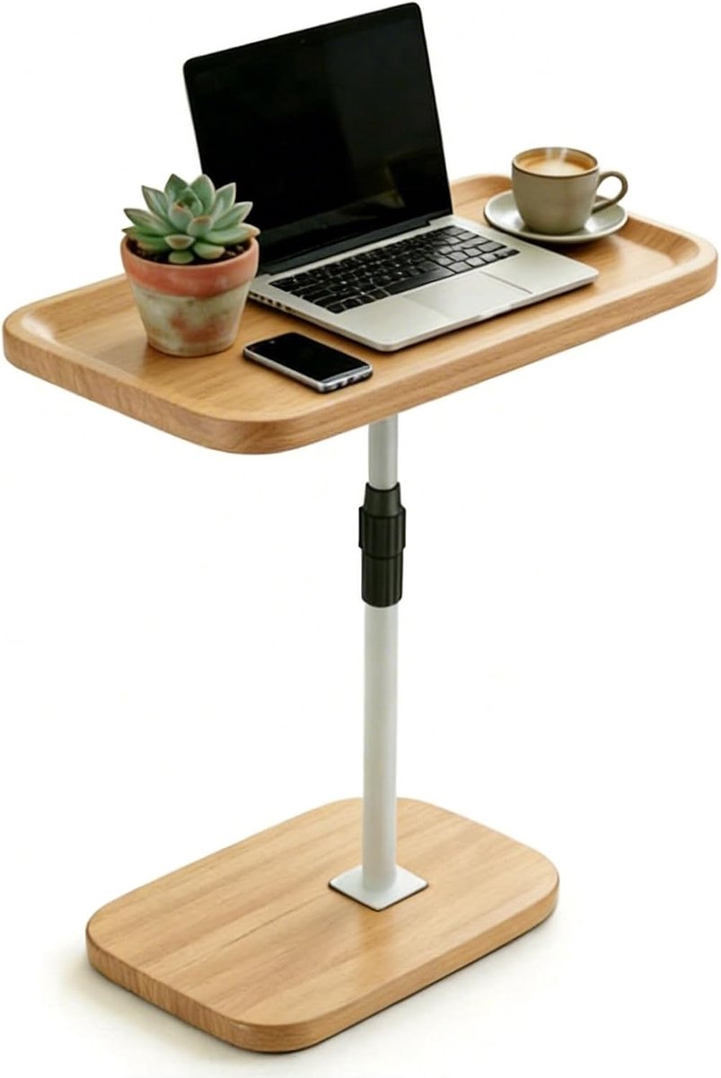 SnelShoppen - Hoogte Verstelbare Side Table (60-90 cm) C-vormige Houten Sofa Tafel, Compacte Bijzettafel voor Woonkamer, Slaapkamer, Bed, Stoel en Mee