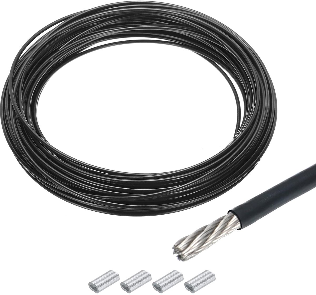 staalkabel 30 m x 4 mm - roestvrij staal 304 - met spanslot en 6 aluminium hulzen - ideaal voor ophangen van wasrekken - ShopVlot