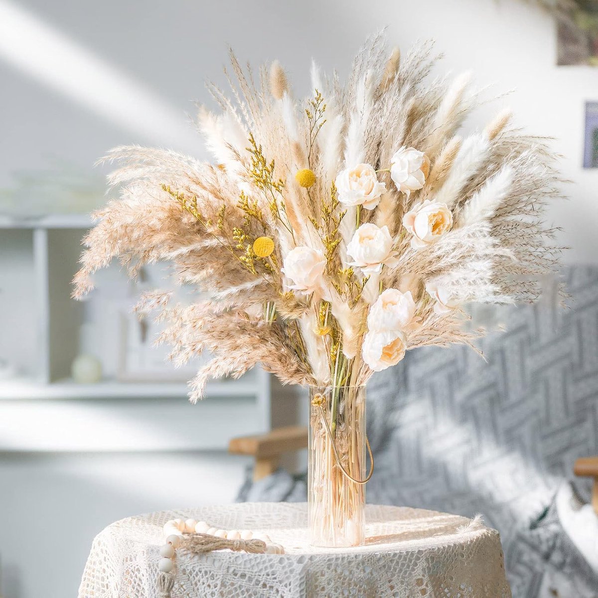 SnelShoppen - 80 Stuks Pampas Gras Gedroogd Natuurlijk Rietbloemen Boeket voor Boho Woonkamer Decoratie, Ideaal voor DIY Droog Bloemen Arrangementen