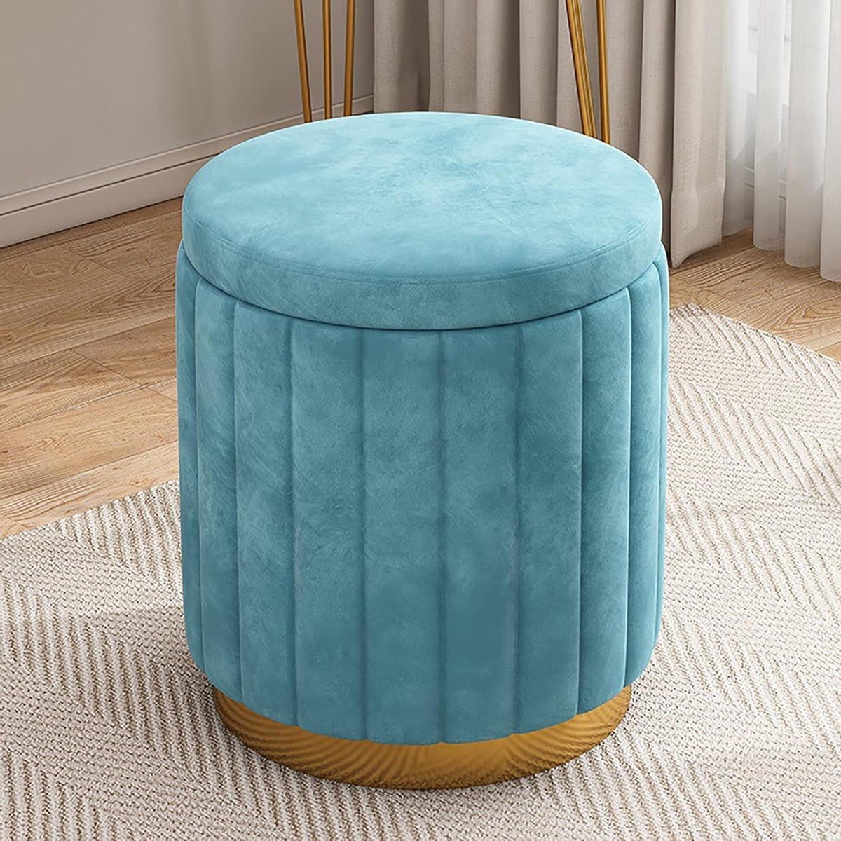 Fluwelen Poef - Make-up kruk Voetenbank - Extra zitplaatsen - Verborgen opbergruimte - 34x34x44cm - Blauw