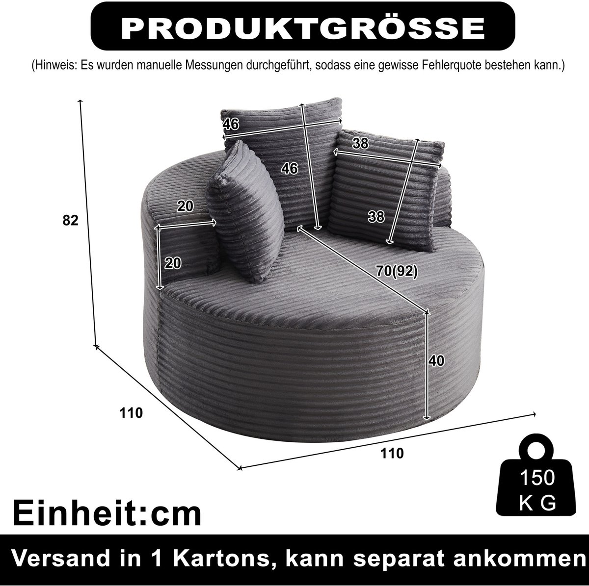 MEUNIQ ronde fauteuil 110 cm in grijs corduroy met brede armleuningen en 3 sierkussens voor woonkamer of slaapkamer