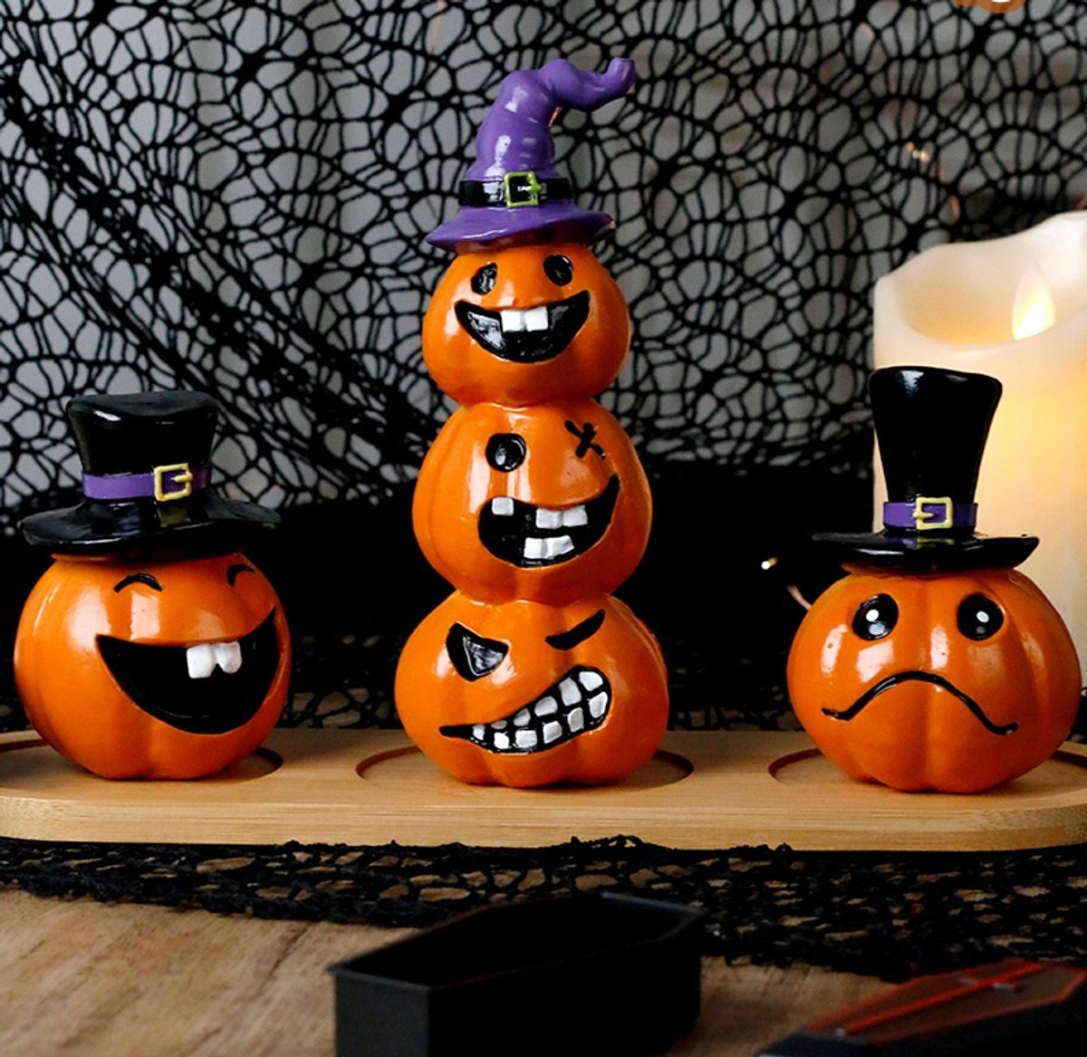 3 Stuks Halloween Decoratie -Halloween Pompoen - Pompoen Figuren Set - Schattige Kunsthars Pompoenen - Herfst Tafeldecoratie voor Woonkamer, Bureau en Feestdecoratie