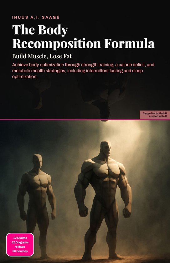 Couverture de livre 'The Body Recomposition Formula' avec le texte 'Build Muscle, Lose Fat' et des images de silhouettes musclées.