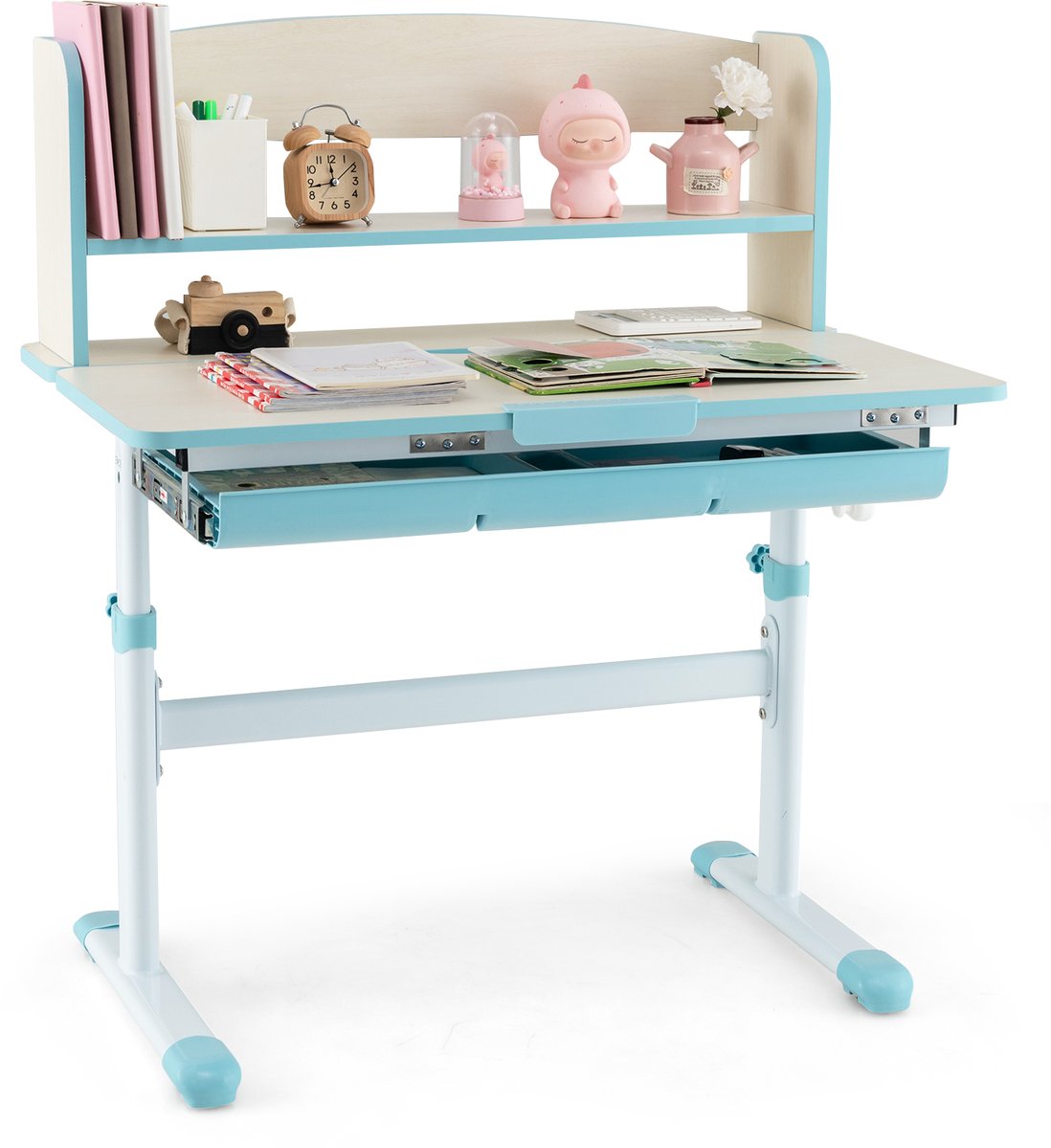 COSTWAY Kinderbureau, in hoogte verstelbaar kinderbureau, studentenbureau met kantelblad, boekenkast en lade, voor kinderen van 3-12 jaar (blauw)