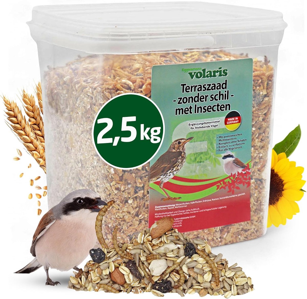 SnelShoppen - Volaire Terras Pellets voor Vogels 2,5 kg - Eiwitrijke Voeding met Insecten, Zonnebloempitten, en Pinda's - Schaalvrije Vogelvoeding voo