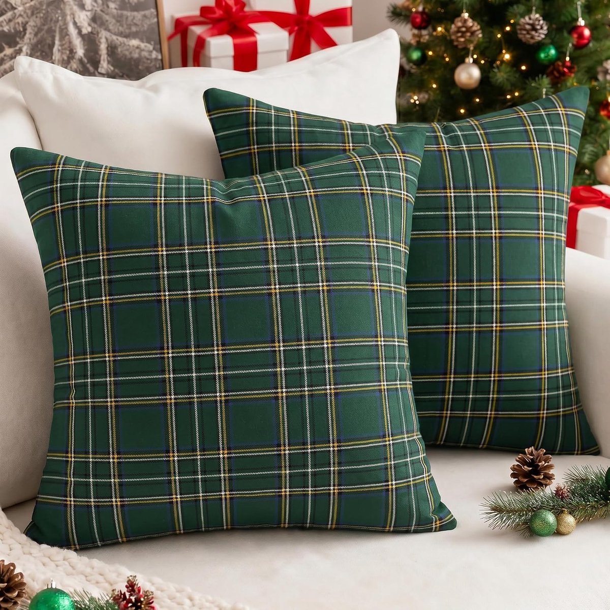 SnelShoppen - 2 Delige Set Groene Kerst Kussenhoezen 50x50cm Velvet Ruit Winter Kerstdecoratie Kussenhoezen voor Woonkamer Kantoor Hotel
