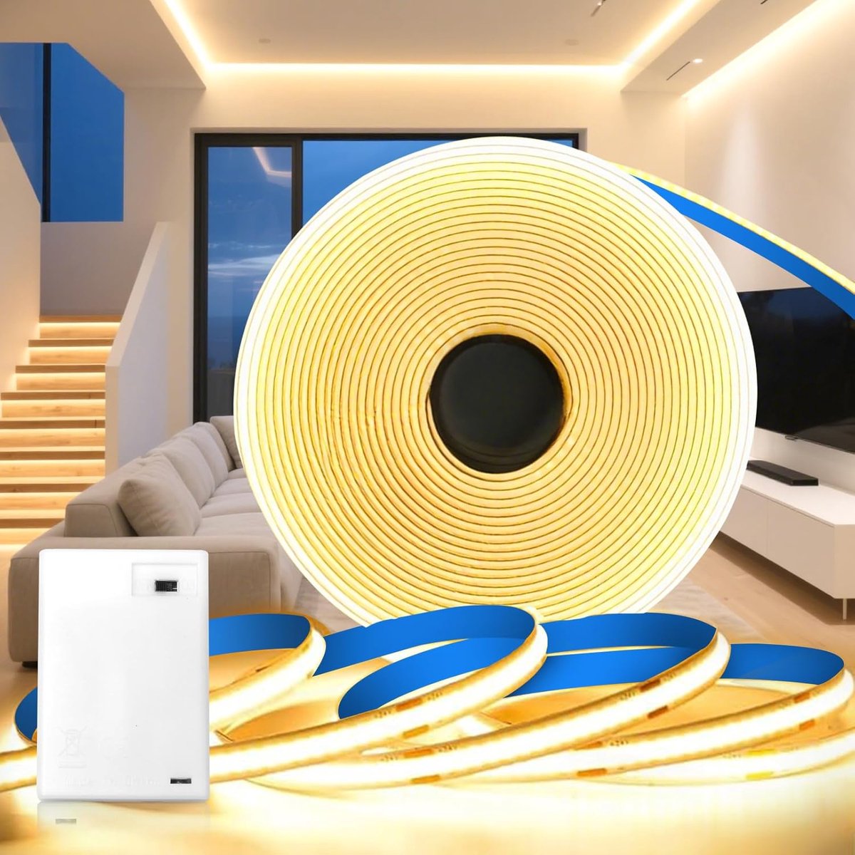 SnelShoppen - LED Strip Batterij, 1m Kerstverlichting, Warm Wit 3000K, Zelfklevende Indirecte Verlichting voor Keuken, Trappen, Boekenplanken en Showc