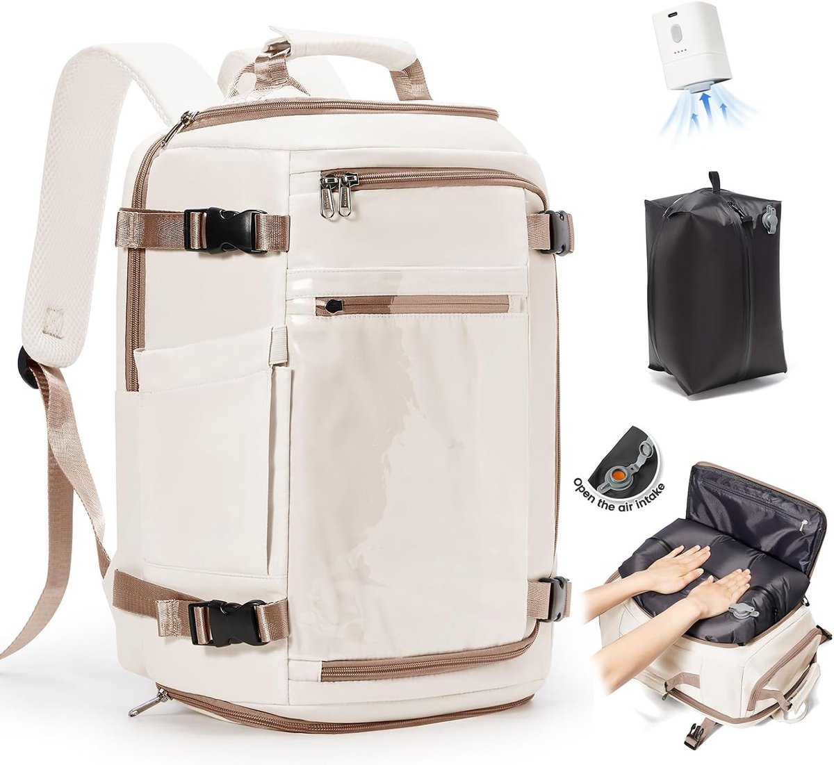SnelShoppen - Vacuümrugzak Dames en Heren 40x30x20 met Pomp - Waterdichte Handbagage Rugzak Vliegtuig - Ideaal voor Reis, Zakenreis, Weekendje Weg, Ea
