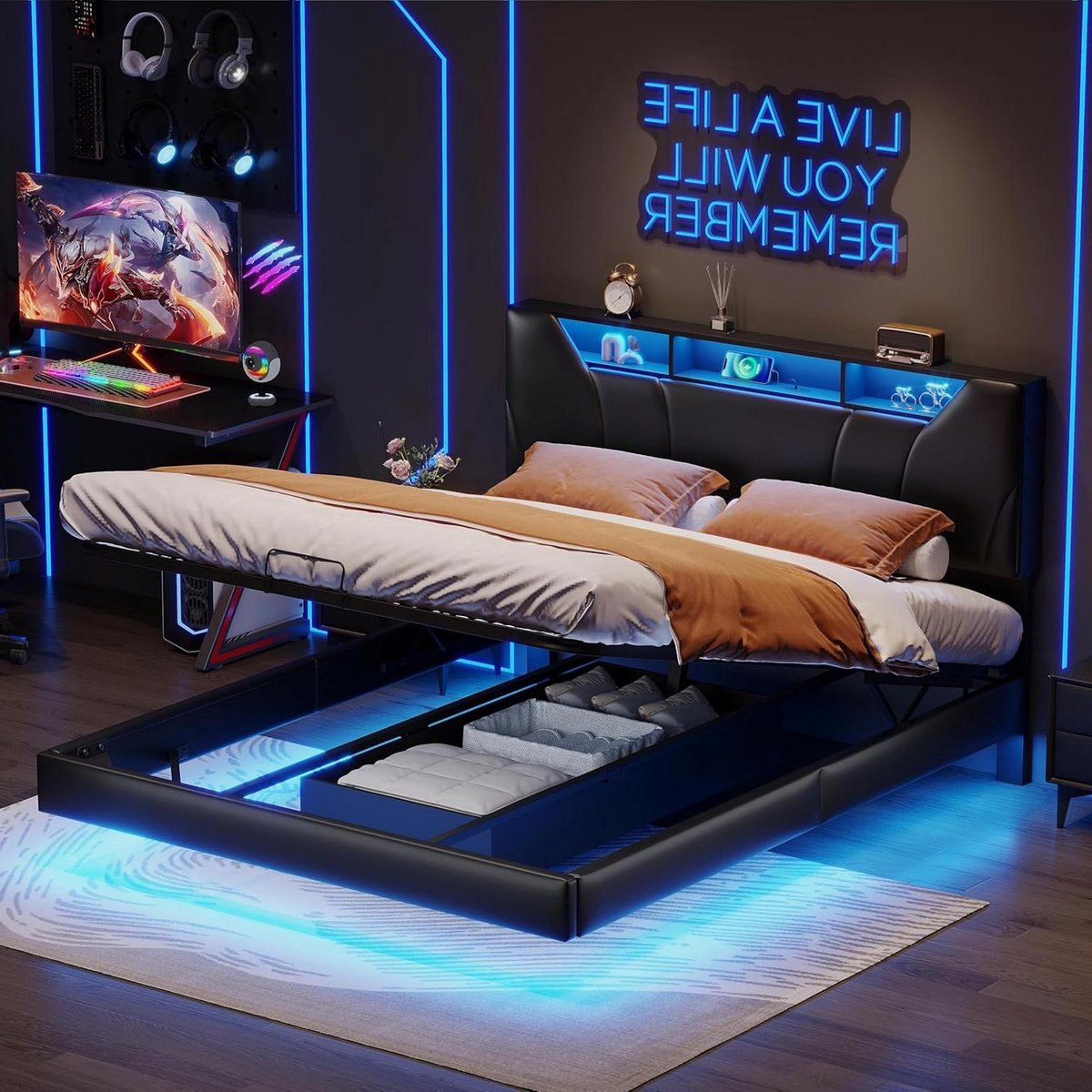 Gestoffeerd Tweepersoonsbed - Opbergbed Led Bed - Moderne Slaapkamer - Met Hydraulische Opbergruimte - 160 x 200 cm - Zwart