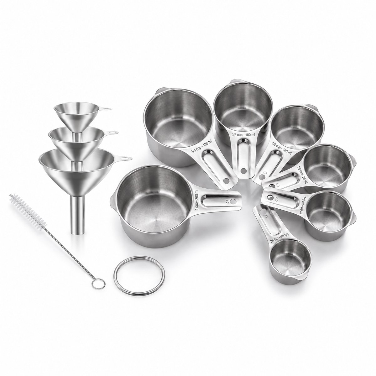 My Green Deal RVS Maatbekers en Trechter Set 12-delig – 7 Maatcups 30-240 ml – 3 Keukentrechters – Met Reinigingsborstel