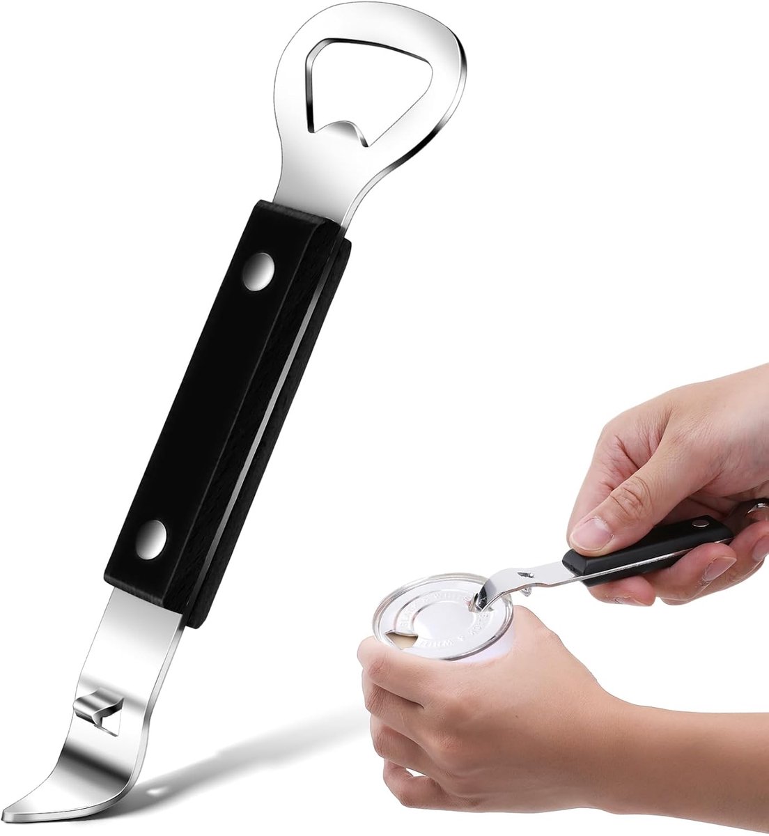 Handmatige roestvrijstalen blikopener – voor bier- en drankblikjes – kleine flessenopener – voor kamperen en reizen (zwart).