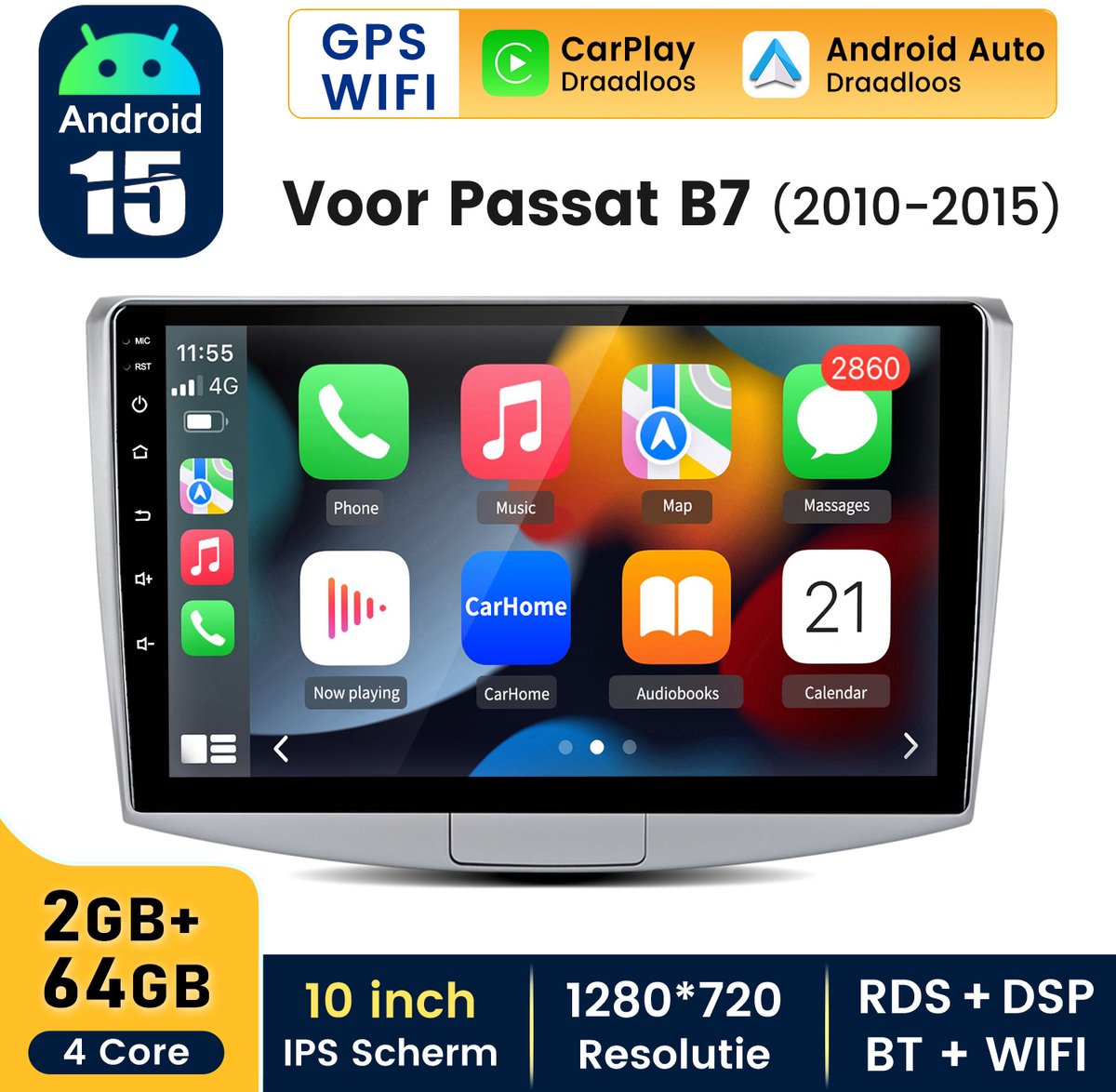 Hexinexmarket Autoradio Geschikt Voor VW PASSAT B7 (2010- 2015) - Draadloos CarPlay, Android Auto, GPS Navi, multimediaspeler - 2GB+64GB