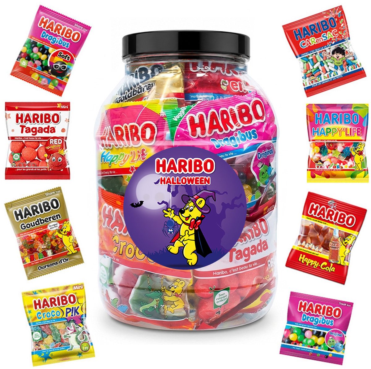 Haribo Mega-Fête 1kg Halloween snoep mix - XL snoeppot met uitdeelzakjes - snoepzakjes voor Halloween