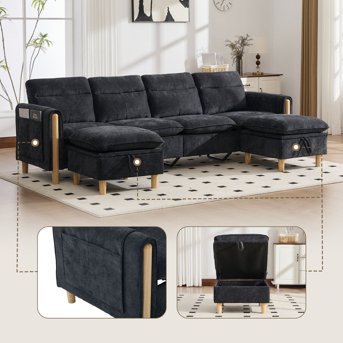 Moderne Hoekbank, U-Bank, 4-Zits bank, Grote U-Vormige Sofaset Met Twee Opbergpoefen; Modulaire Vierzitsbank Met Houten Tafelpoten; Comfortabele Stoffen Bank, Ideaal Voor De Woonkamer En Familiekamer-Zwart