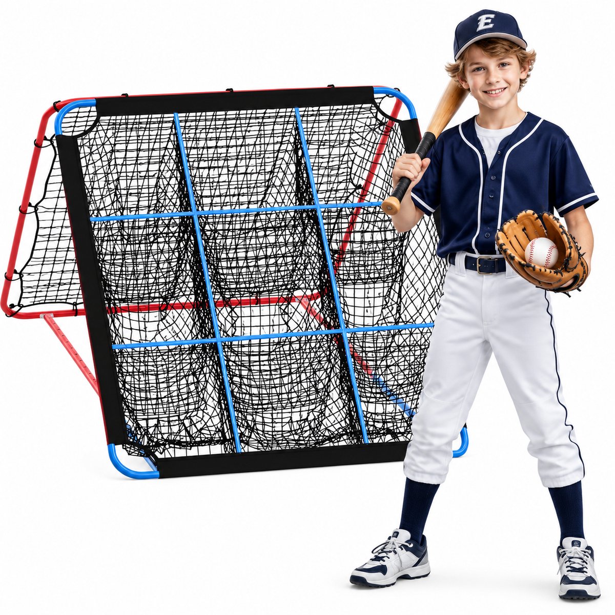 Danky 2-in-1 honkbalreboundnet, 9 doelzones, stevig stalen frame, verstelbare hoek, draagbaar, 195x130x152cm, multisporttraining voor binnen en buiten voor honkbal, softbal en American football