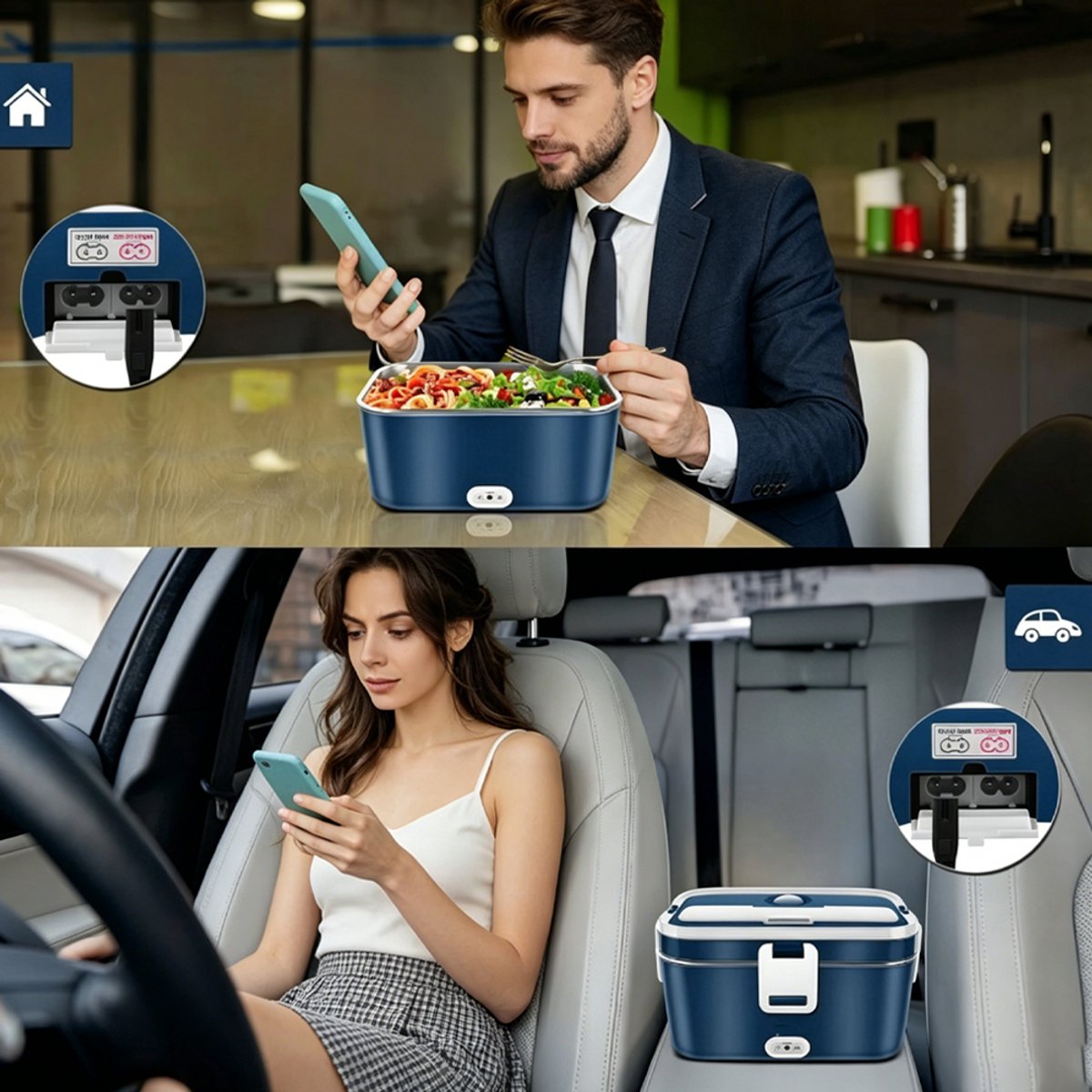 Elektrische lunchbox - Draagbare verwarmde lunchbox - 1,8 liter - Voedselcontainer - Lunchverwarmer voor thuis/in de auto - Elektrische lunchbox met stekker - Lekvrij ontwerp - Geschikt voor auto's en kantoren - Blauw — cadeau in Kookcadeaus - foto 8