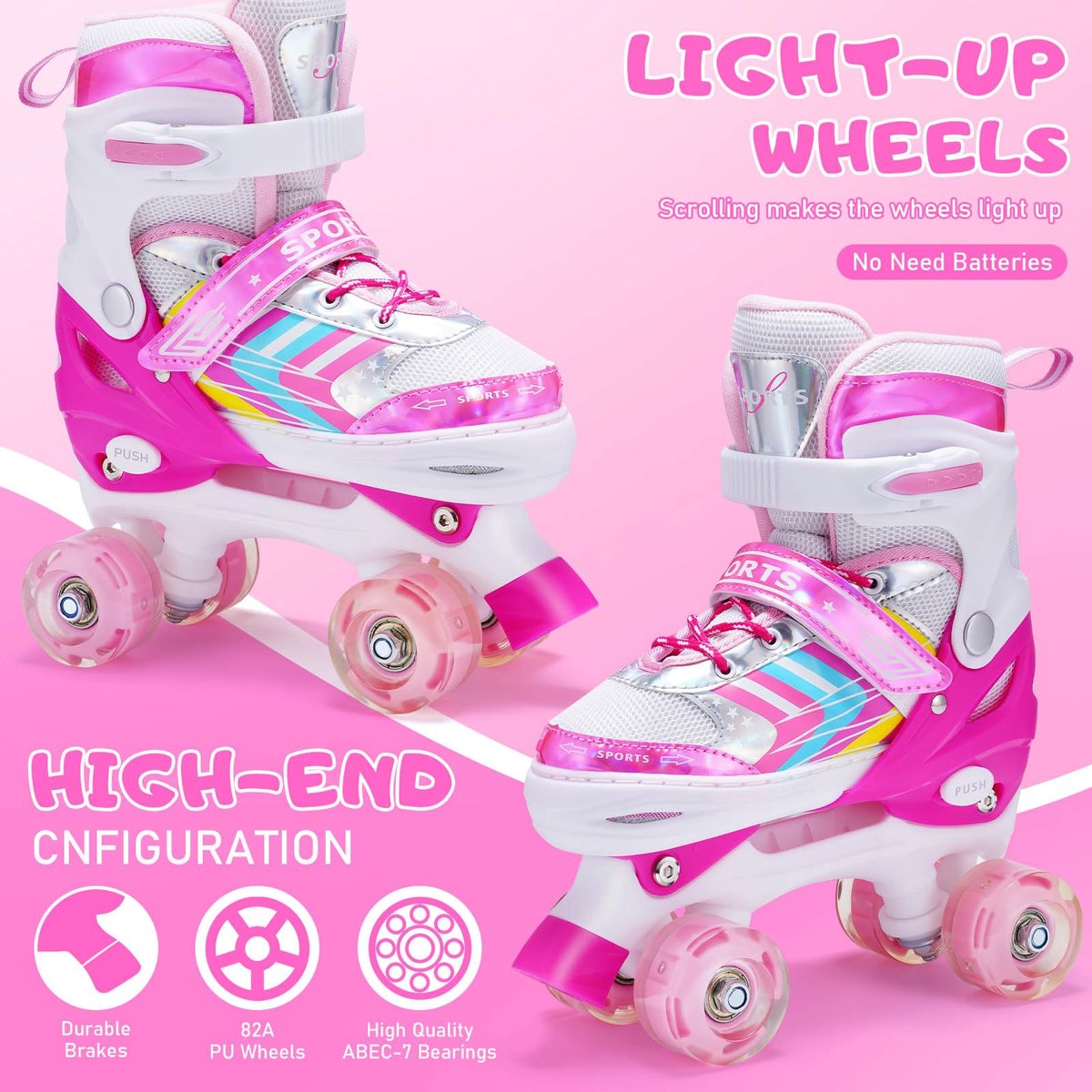 SnelShoppen Rolschaatsen voor Kinderen Meisjes Jongens Verstelbaar met 8 Light Up Wielen Quad Skates voor Peuters Beginners Binnen en Buiten