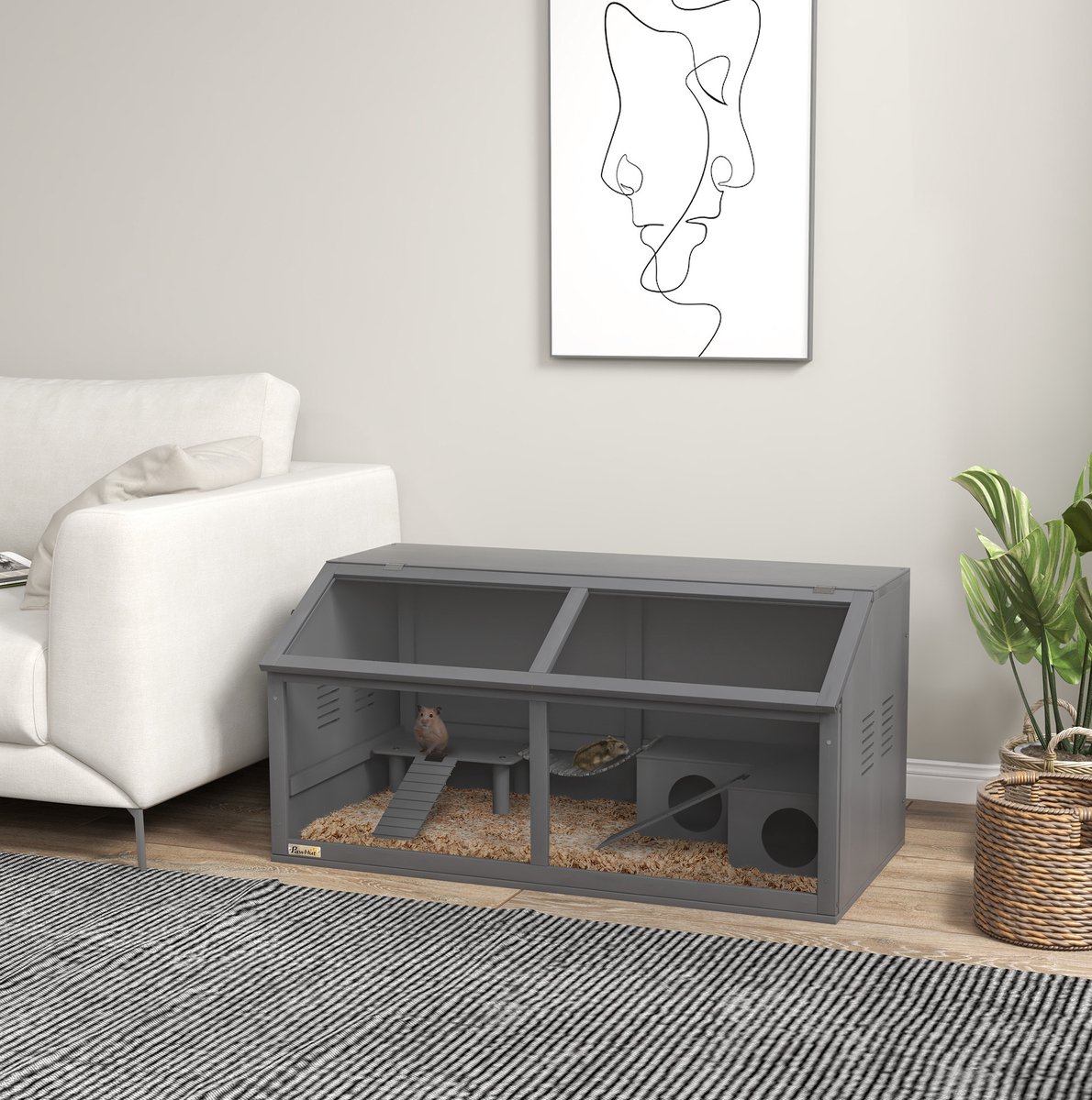 REDOM- Hamsterkooi - Platform, hangbrug en ladders - Openklapbaar dak - Opbergruimte bovenop - Hout - Voor binnen - Donkergrijs - 100 x 52 x 50 cm