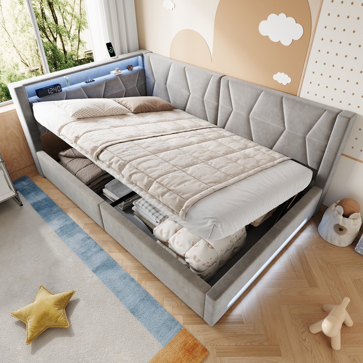 MIVRAY Gestoffeerd Bed 140x200 cm - Twijfelaar met LED, USB en Type-C - Met Opbergruimte en Lattenbodem - Zonder Matras - Stof - Grijs