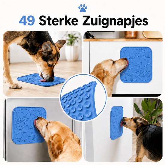 Collage van vier honden die likmatten eten die op de grond, aan de muur en op de koelkast zijn bevestigd.