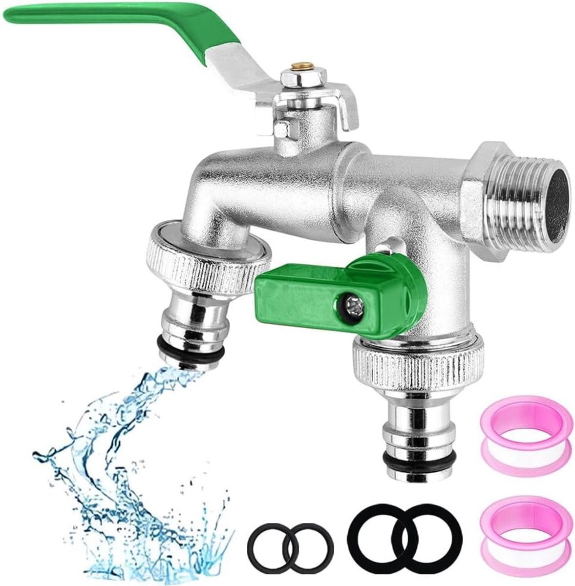 Dubbele uitloopkraan voor de tuin, 1/2 inch en 3/4 inch koppelingen, waterkraan met slangaansluitingen en rolafdichtband voor optimaal gebruiksgemak