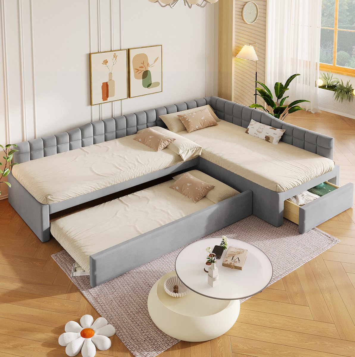MIVRAY L-Vormig Bed 90x200 cm - Bed Met Uitziehbed En Opberglades - Ruimtebesparend Voor Kinderkamer En Logeerkamer - MDF En Flanel - Grijs - Zonder Matras