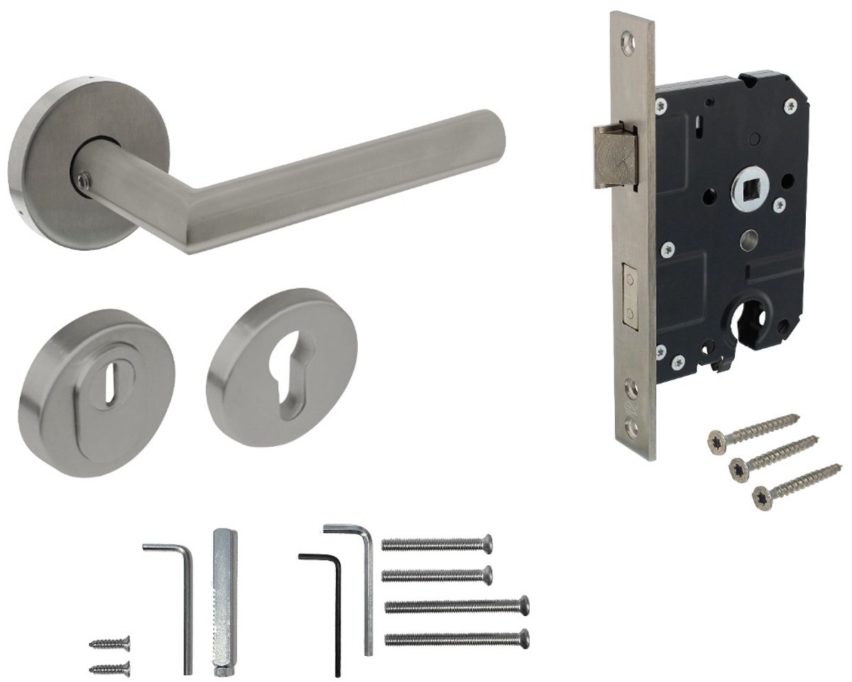 Intersteel Set achterdeurbeslag rond: deurkruk Jura met massieve rozetten, SKG2 slot pc55, SKG3 rozetten, rvs