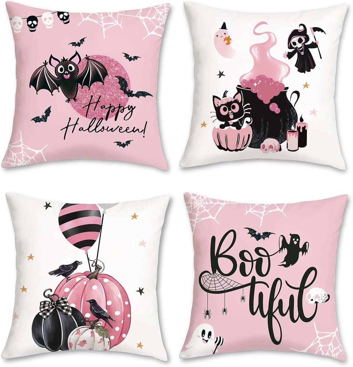 Decoratieve Halloween Kussenslopen met Zwarte Kat, Pompoenen en Vleermuizen - Zacht Roze Velvet Kussenhoezen voor Bank en Bed, Set van 4, 45x45cm