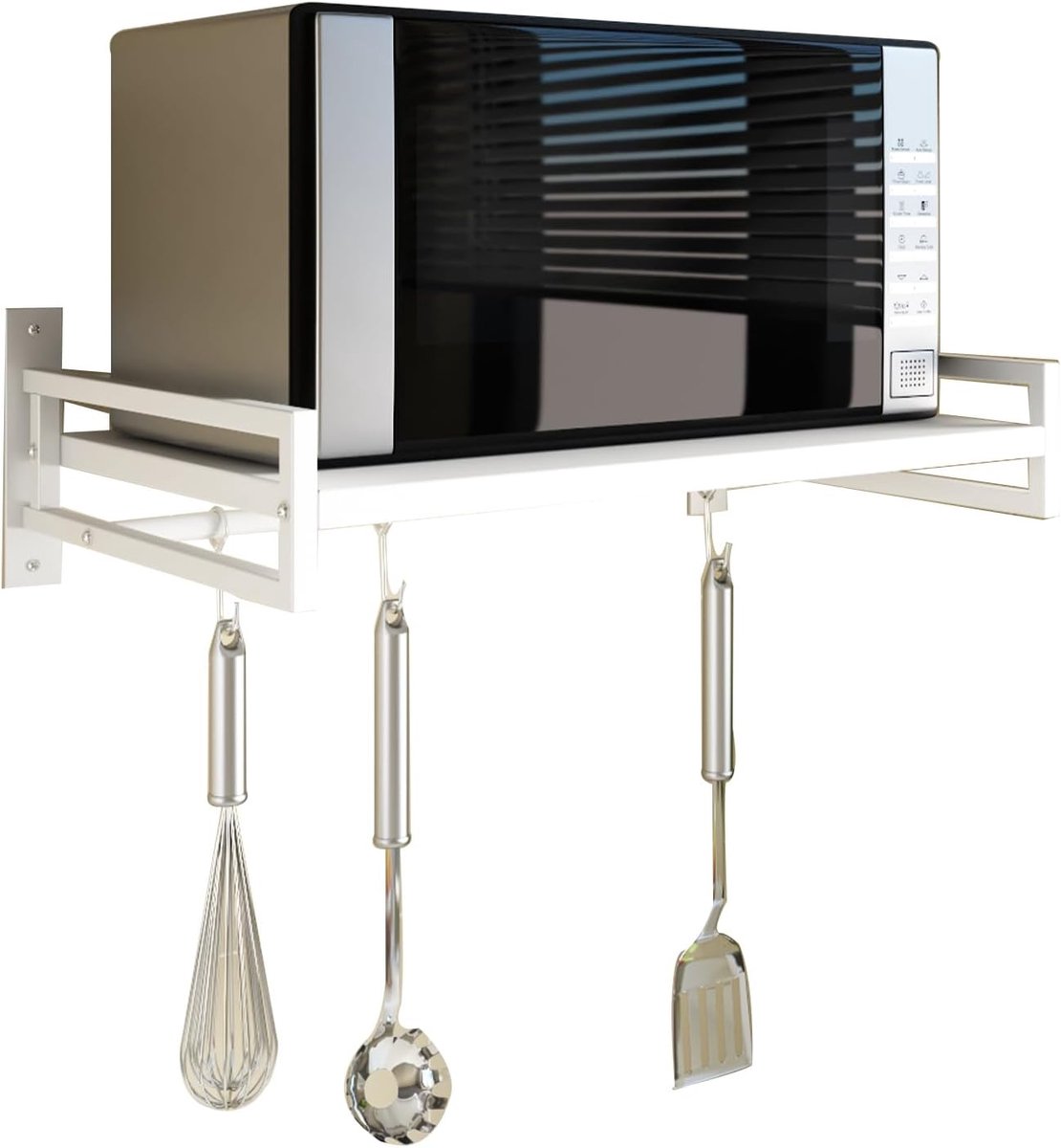 SnelShoppen - Wandgemonteerd Magnetron Plank Rek voor Keuken, Staal Keuken Spoelbak Houder met Haakrail en 3 Glijdende Haken, 58 x 36 cm, Zwart