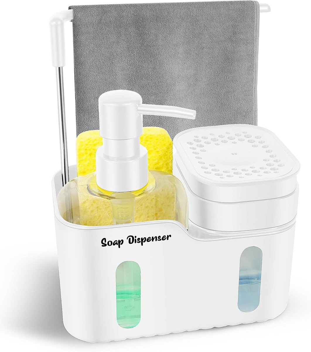 Brand Dubbele zeepdispenser 4-in-1 met spoelorganizer, handzeep- en afwasmiddeldispenser, sponshouder, borstelhouder - ShopVlot