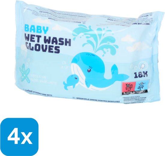 Pak van 4x18 baby washandjes met aloe vera, met een blauwe walvis en baby walvis illustratie.